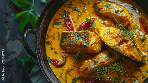 yelllow curry with fish, sour curry, food photography, 16:9 photo