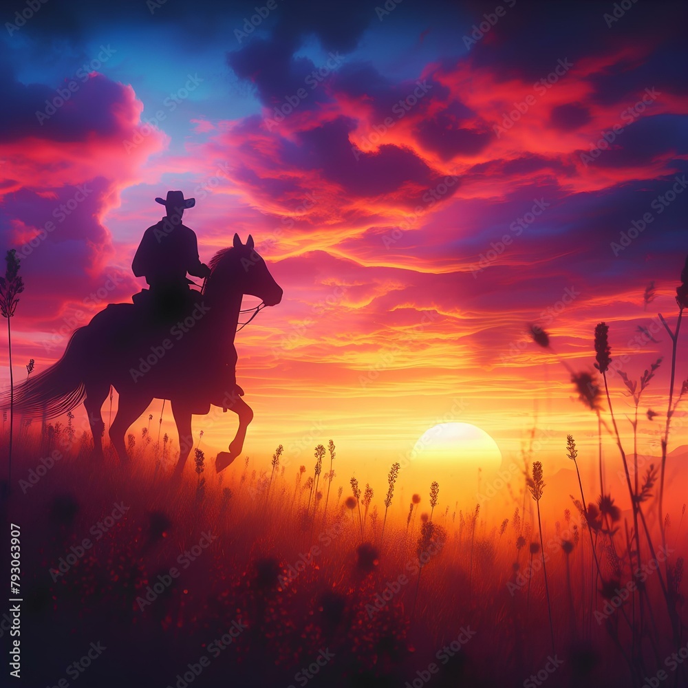 silhouette of a cowboy riding into the sunset, c4d, dreamy and optimistic, vibrant sky.