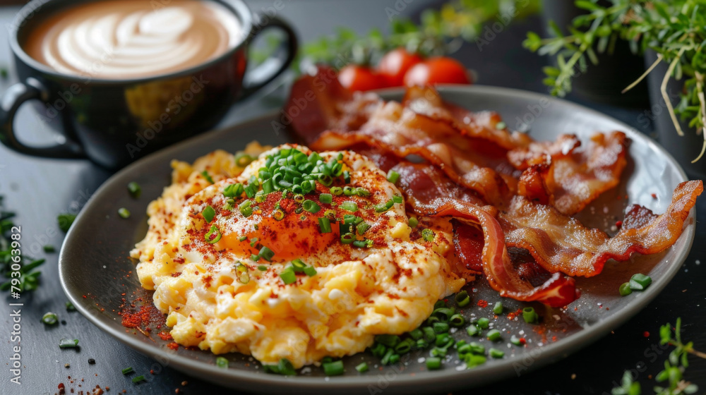 Delicious scrambled eggs and bacon breakfast on dark plate next to a cup of fresh coffee. On bistro countertop. Delicious scrambled eggs and bacon breakfast on dark plate next to a cup of fresh coffee. On bistro countertop.