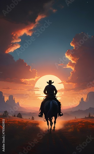 silhouette of a cowboy riding into the sunset, c4d, dreamy and optimistic, vibrant sky.