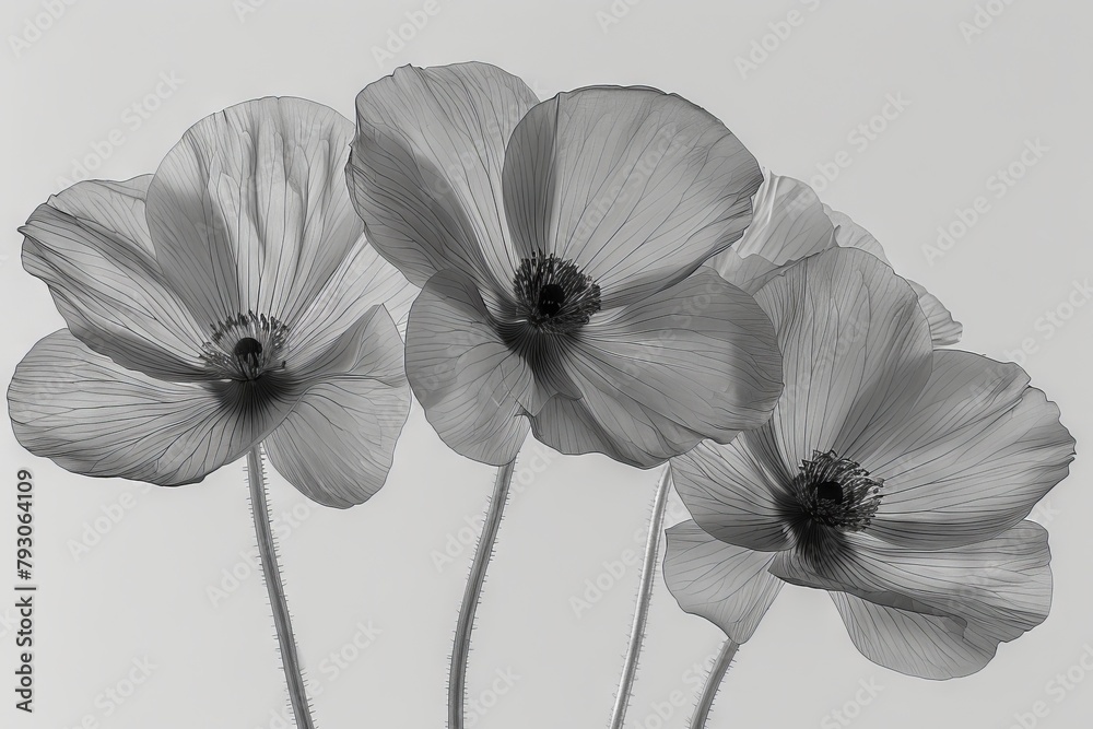 Fototapeta premium Transparent florals with cyber silverpoint impressionism. Ethereal X-ray of blooming flowers highlighting the intricate petal structures