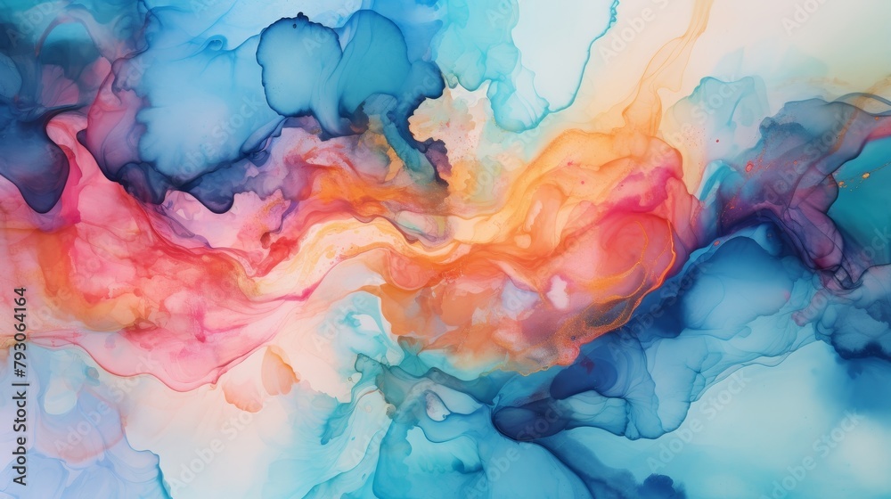 Abstract background with blue, pink and orange watercolor paint splashes