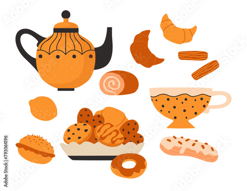 Tea drinking. Hot beverage and pastry desserts. Ceramic teapot and cup with saucer. Sweet eclair and croissant. Porcelain mugs. Cookies bowl. Delicious biscuits. Vector tableware set