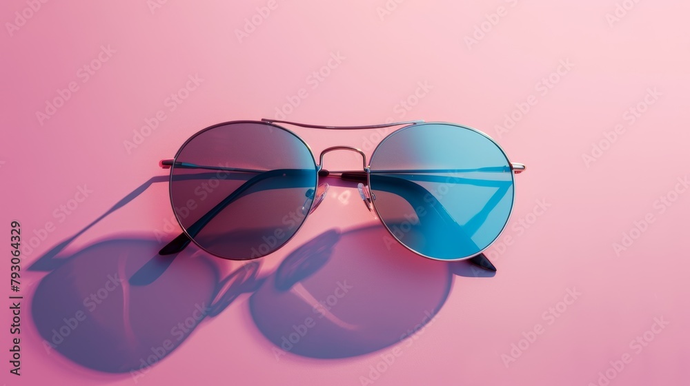 Round blue sunglasses reflecting pink background. Round blue sunglasses reflecting pink background.