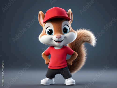 3d character model of a squirrel wearing a red shirt and hat,