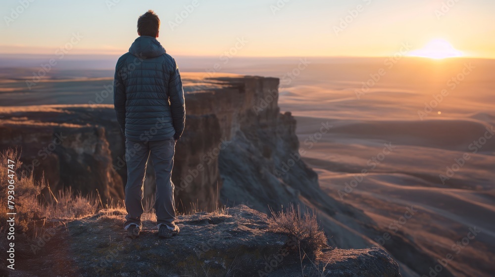 Fototapeta premium Man Overlooking Sunrise from Cliff Edge.