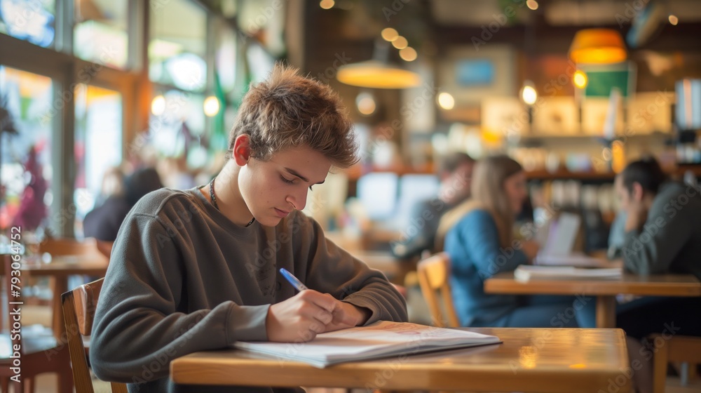 Teenager Focused on Studying in Cafe. Teenager Focused on Studying in Cafe.