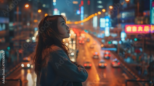 Dreamy Urban Nightscape with Contemplative Woman.