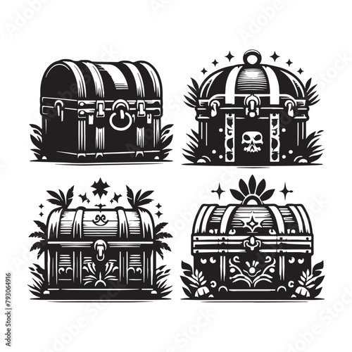 Vintage Styled Vector Treasure Set Silhouettes, Vector Treasure SILHOUETTES, Black and White Treasure Silhouette