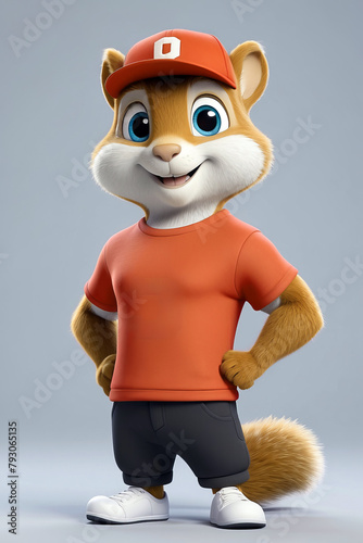 3d character model of a squirrel wearing a red shirt and hat,