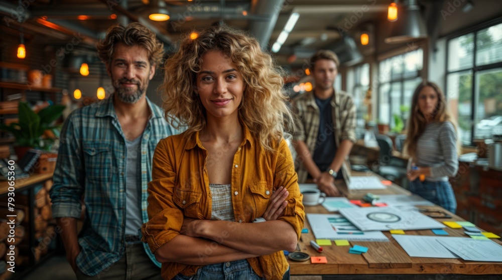 In the image, a group of four people are standing in a modern office. They are gathered around a table with papers and sticky notes. In the image, a group of four people are standing in a modern office. They are gathered around a table with papers and sticky notes.