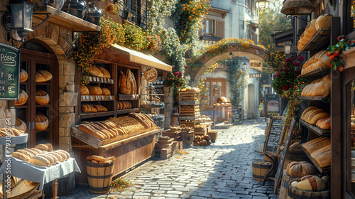 A street with a charming bakery wafting the aroma of fresh bread into the air. photo