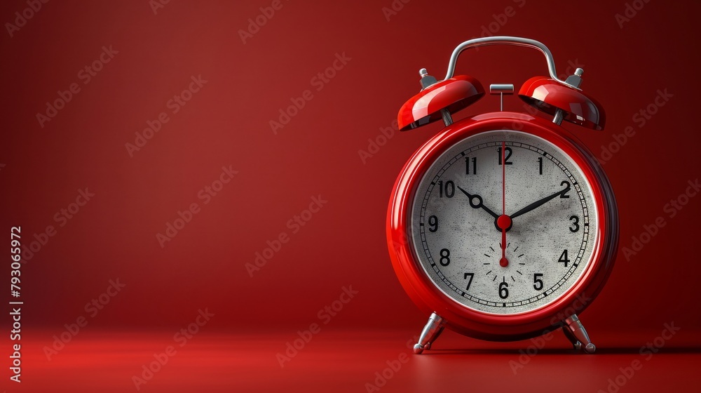 Minimal and vibrant red alarm clock clear background and object focus with free space for text