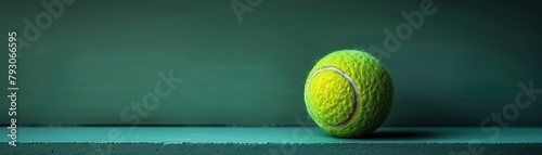 A bright yellow tennis ball sits alone on a green court, ready for play