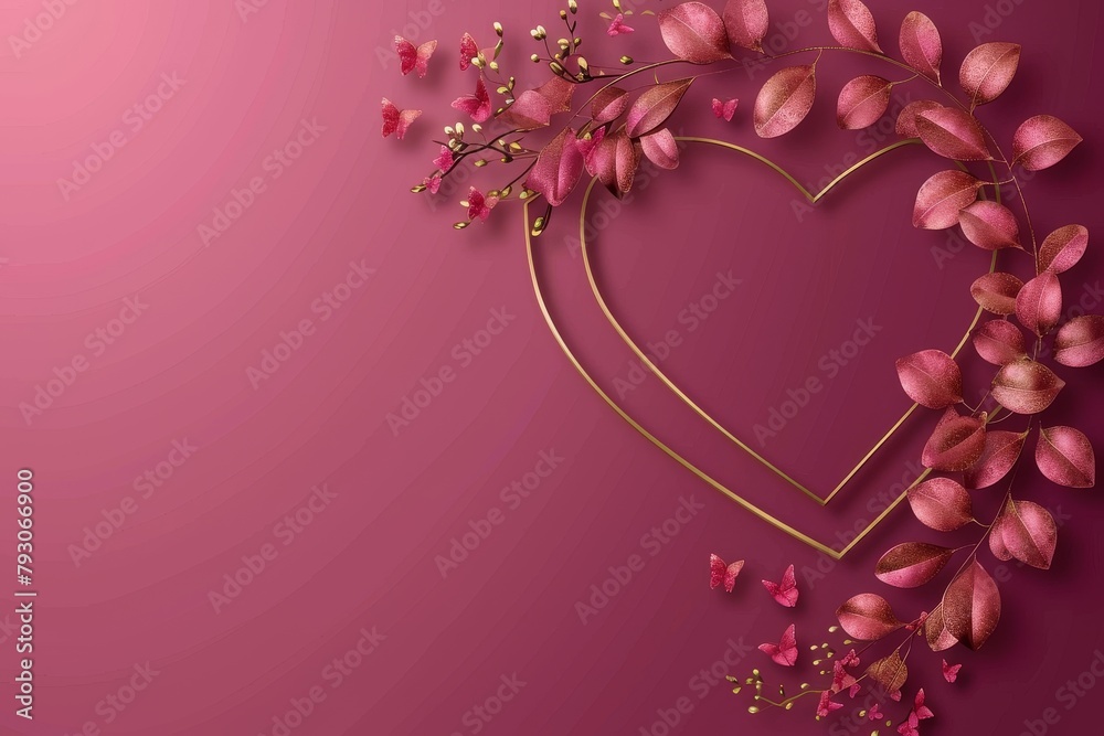 Heart Shaped Frame With Pink Flowers on Purple Background