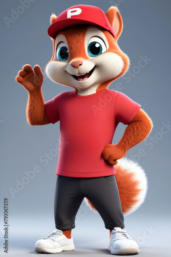 3d character model of a squirrel wearing a red shirt and hat,