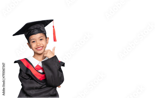 A girl wears a graduation gown. The girl graduated.