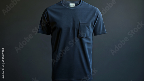  Front view of a navy blue half sleeve t-shirt featuring a small pocket on the chest, adding a functional yet stylish element to the garment