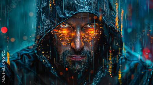 Man in hood with holographic displays, hacker concept