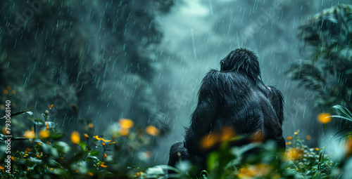 Gorilla in the jungle rain