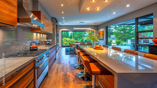 Sleek kitchen with wooden accents, stainless steel, and natural light, opening to outdoors.