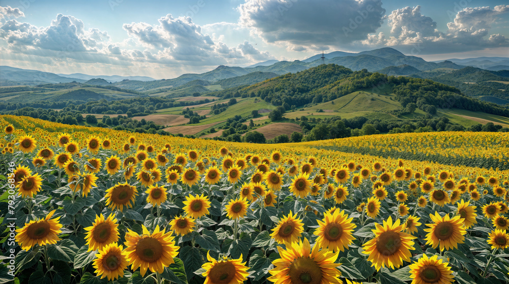 Field of sunflowers in Eastern Europe setting