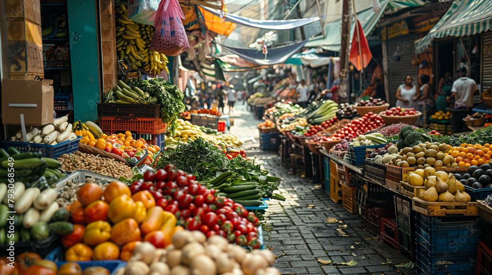 A bustling street market with colorful stalls overflowing with fresh produce.