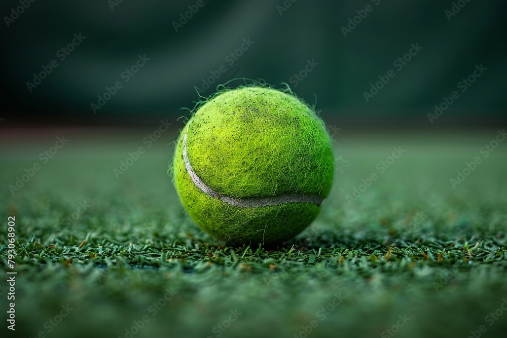 A bright yellow tennis ball rests alone on a lush green grassy court