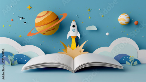 Mock-up of blank pages of an open notebook with copy-space for text place on a blue desk with cute idea of a space, rocket and planets in vivid colorful papercut as a background.