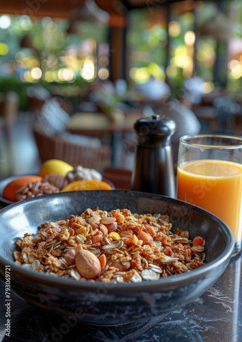 Breakfast grains, oats and milk in dark bowl. Next to it a cup of fresh orange juice. Healthy morning breakfast.