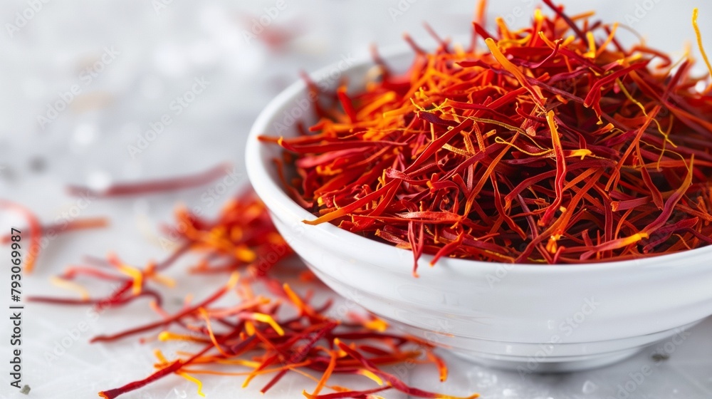 Fototapeta premium Delicate Saffron Threads on Pure White - Detailed Spice Photography