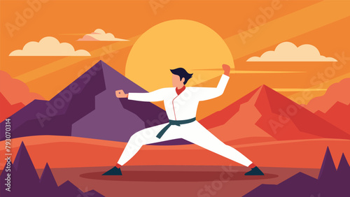 As the sun rises over the mountains a lone martial artist performs a series of dynamic stretches in the peaceful serenity of nature preparing