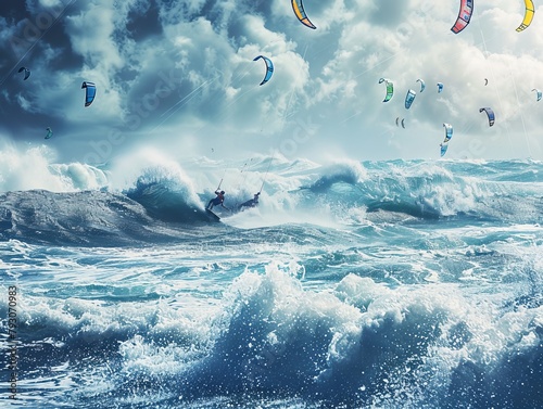An exhilarating scene capturing a competition kitesurfing event on the sea, with participants showcasing their skills  photo