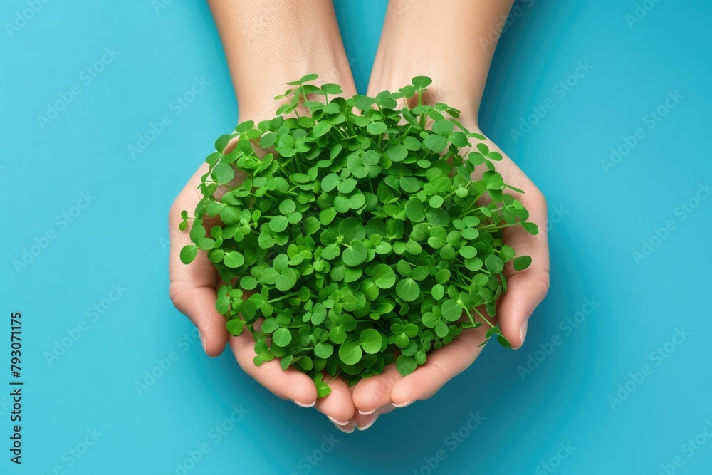 Close up of female hands holding green small microgreens sprout seedlings on blue background Close up of female hands holding green small microgreens sprout seedlings on blue background