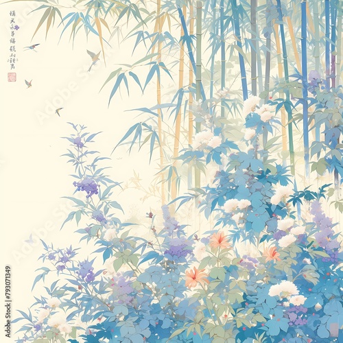 Lush  Vibrant Depiction of a Bamboo Forest  An Asian-Inspired Landscape with Floral Touches and Delicate Birds