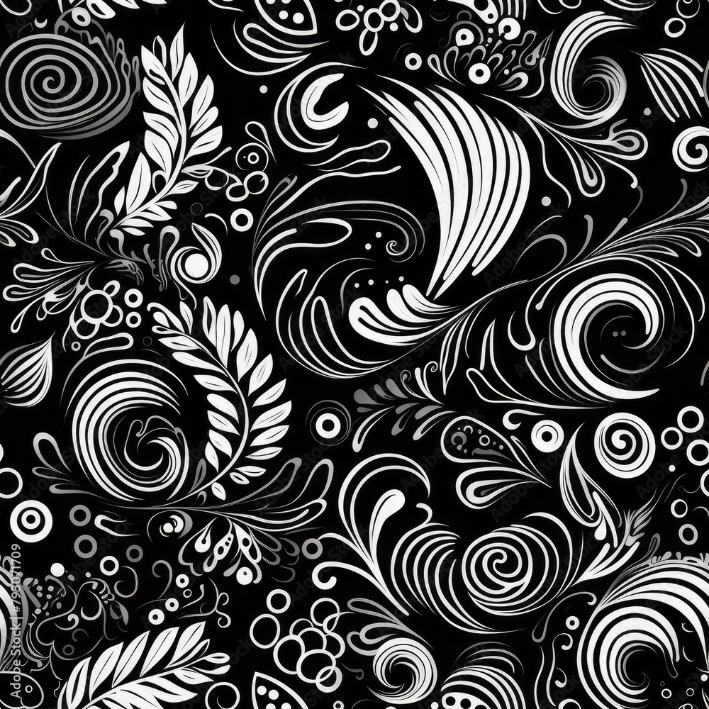 A black and white floral pattern with a lot of swirls and circles. The pattern is very intricate and detailed A black and white floral pattern with a lot of swirls and circles. The pattern is very intricate and detailed