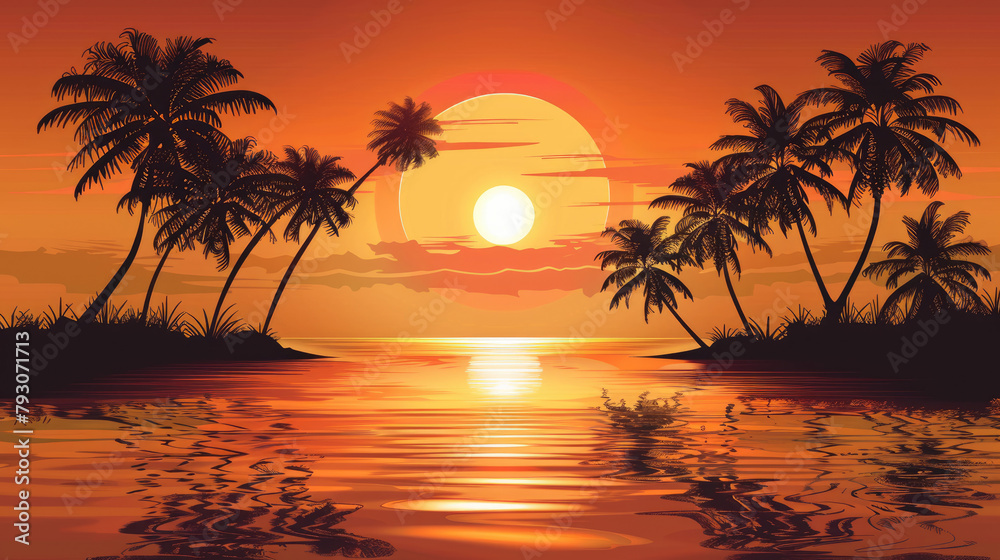 a detailed sunset phone background, illustration, palm tree silhouettes, sun reflecting in water