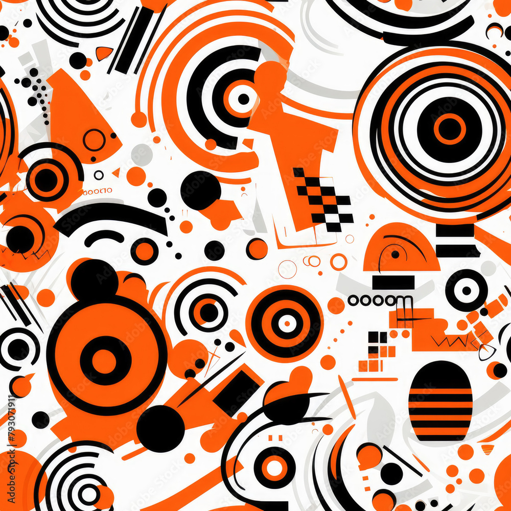 Obraz premium A colorful pattern of circles and squares with a black and orange background. The pattern is abstract and has a sense of movement