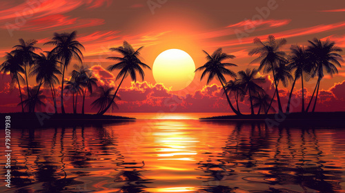 a detailed sunset phone background  illustration  palm tree silhouettes  sun reflecting in water