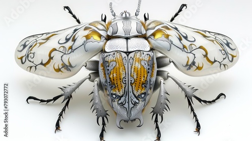 A beautiful and intricate illustration of a white and gold beetle with a unique and detailed pattern on its back photo