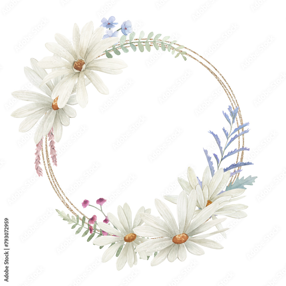 Watercolor wedding vintage wreath. Hand drawn floral isolated illustration on white background.