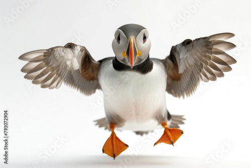 A puffin leaps, wings flapping briskly