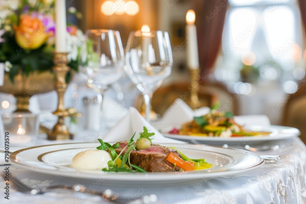 appetizing restaurant presentation of a dish on a white plate in a luxury restaurant appetizing restaurant presentation of a dish on a white plate in a luxury restaurant