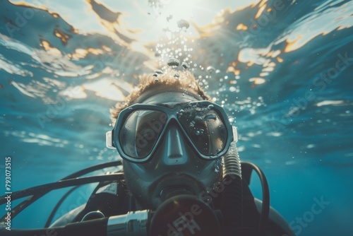portrait of a male scuba diver underwater, diving, summer vacation and entertainment photo