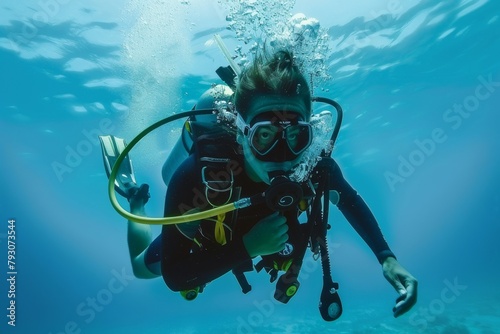 diver in a mask with a balloon swims underwater