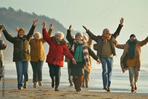 Senior Adult Friends Enjoying Walk Along Winter Beach Togetherness Fun Concept