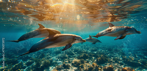 Vue sous-marine juste sous la surface de l'eau d'un banc de dauphin © Sébastien Jouve