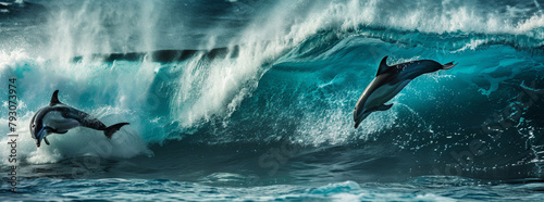 Couple de dauphins sautant dans les vagues de l'océan