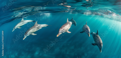 Vue sous-marine juste sous la surface de l'eau d'un banc de dauphin photo