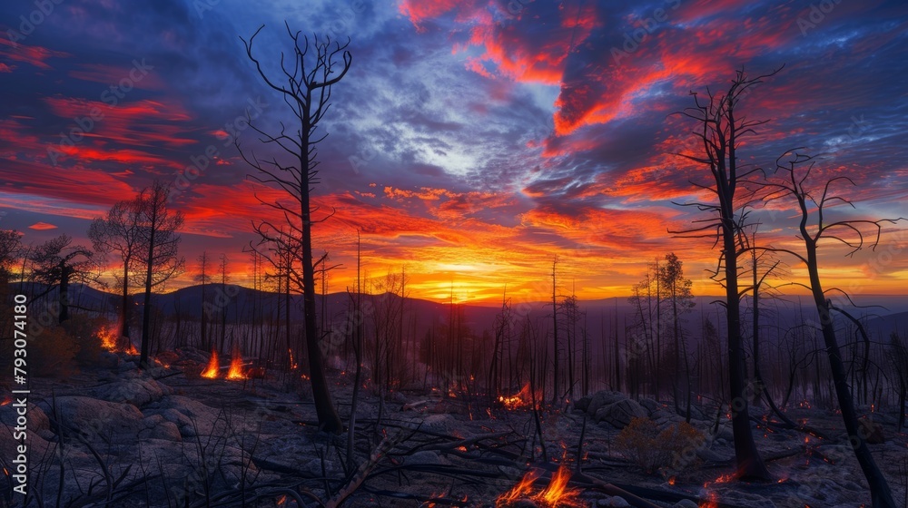 A breathtaking sunrise over a wildfire-ravaged landscape, with the charred remains of trees silhouetted against the vibrant colors of the sky. A breathtaking sunrise over a wildfire-ravaged landscape, with the charred remains of trees silhouetted against the vibrant colors of the sky.